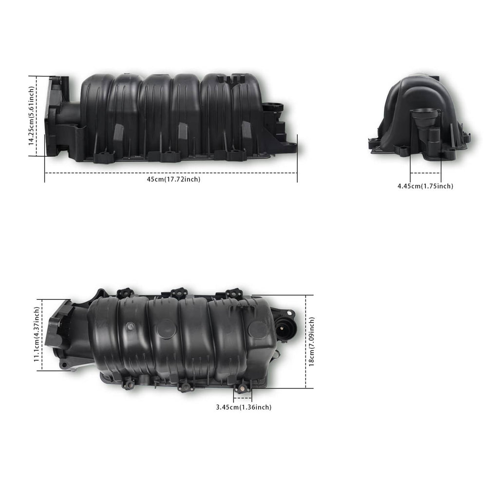 Black upper intake manifold with size measurements in inches and centimeters