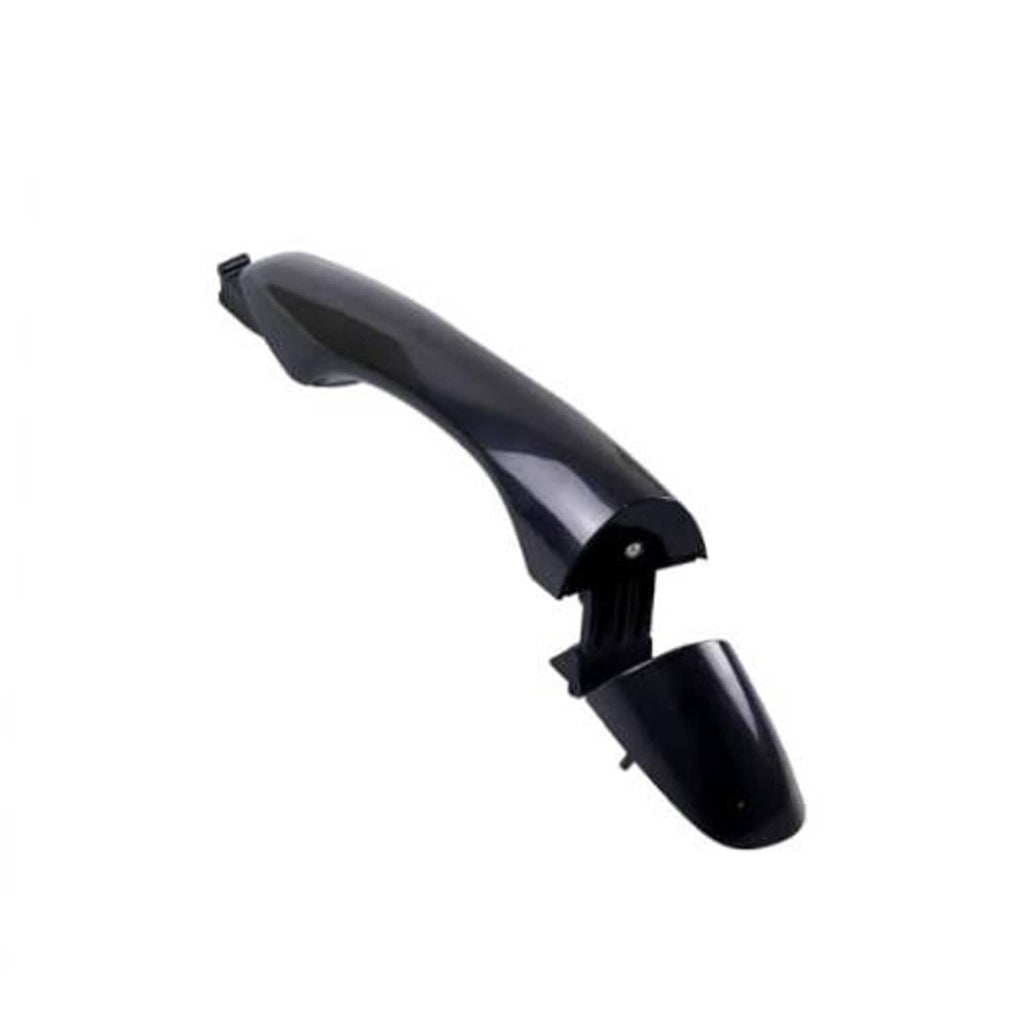 Black exterior car door handle with mounting clips and curved grip