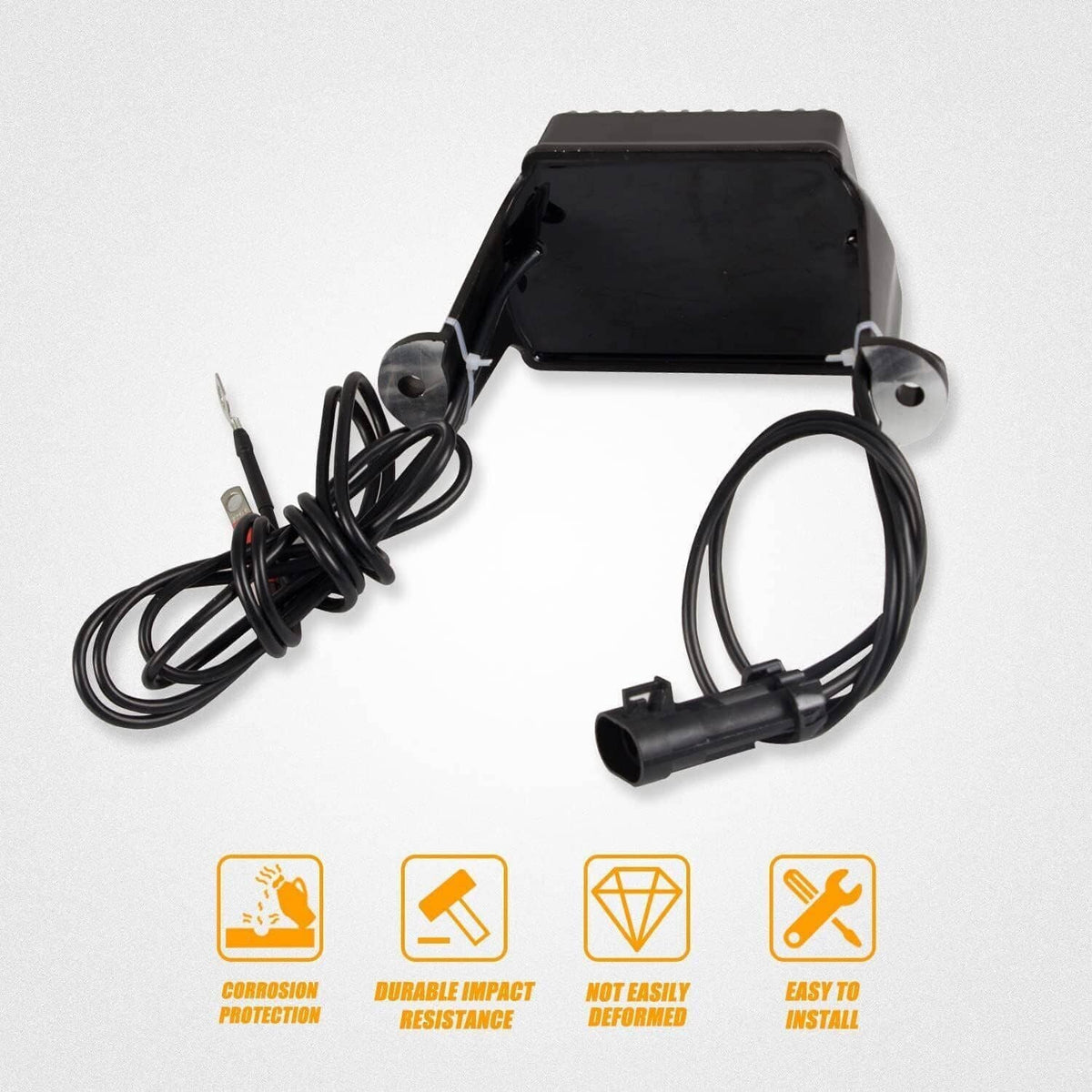 Black voltage regulator with two-pin connector and attached power cable