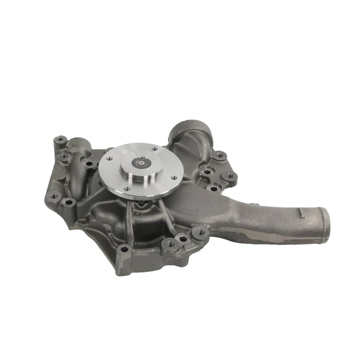 Engine water pump assembly angled view, dark gray housing with silver impeller