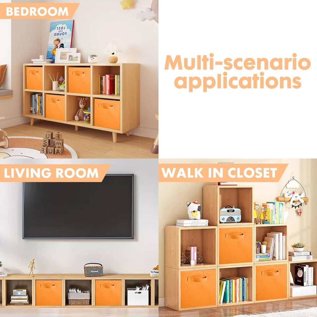 Orange fabric storage cubes for multi-room storage, front handles on cube fronts