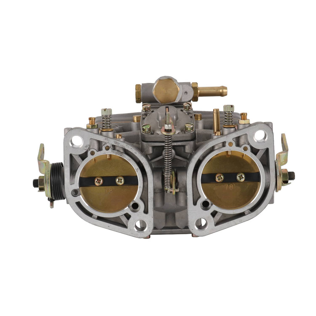 Dual carburetor with two throttle bores, springs, and gold-toned adjustment parts