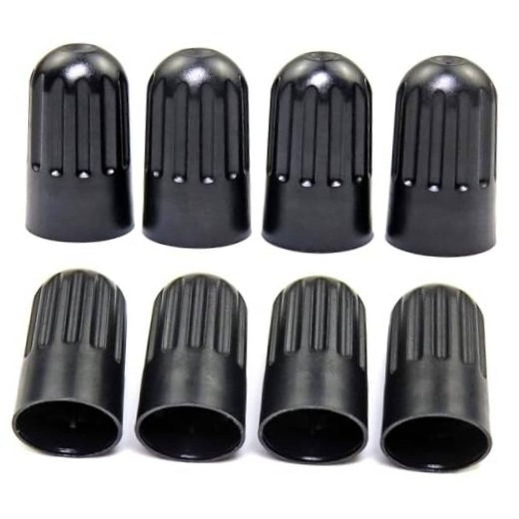 Black plastic long tire valve stem caps, 8-pack with ribbed tops