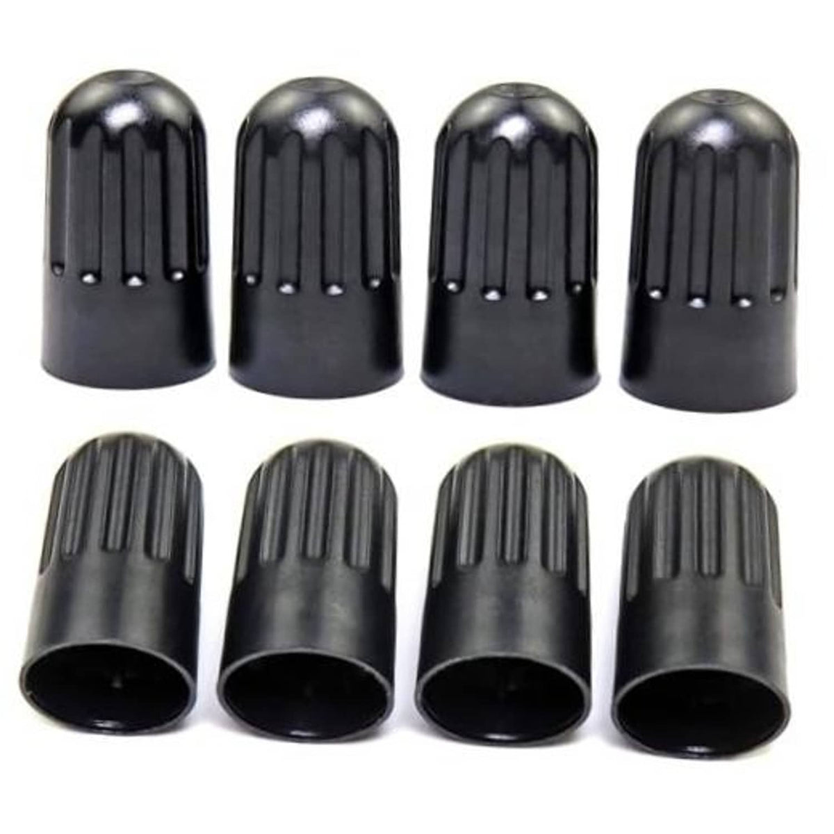 Black plastic long tire valve stem caps, 8-pack with ribbed tops