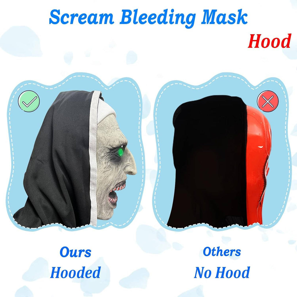 Hooded horror nun head mask side view, pale face with glowing green eyes, cross pendant