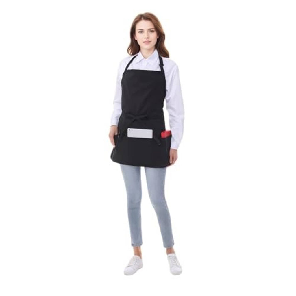 Black cotton short apron with three-pocket front panel and waist tie at the center.
