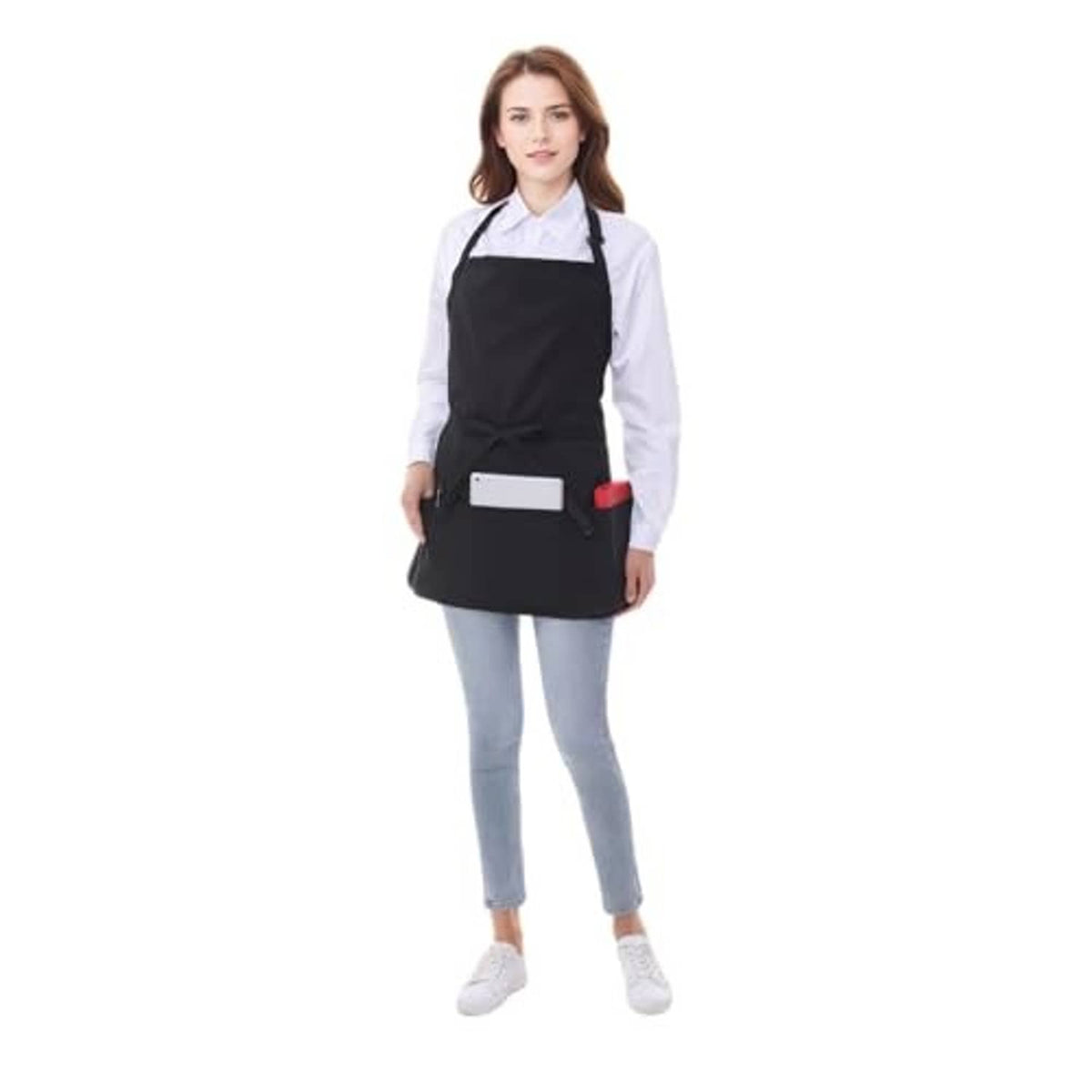 Black cotton short apron with three-pocket front panel and waist tie at the center.
