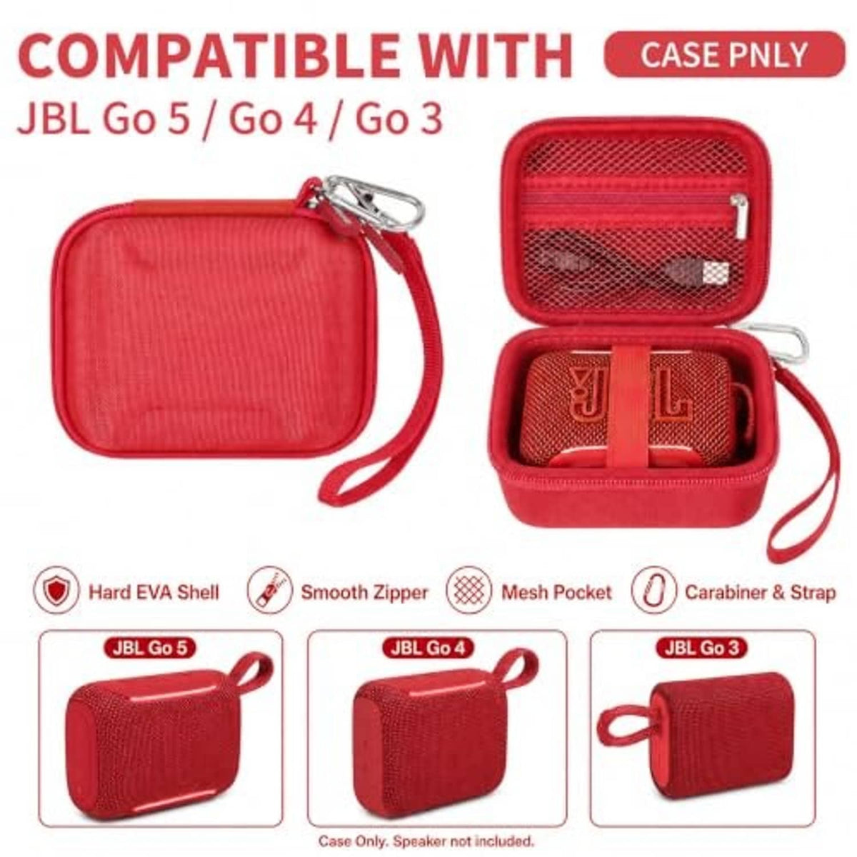 Red hard EVA speaker case with mesh pocket, smooth zipper, and wrist strap with carabiner