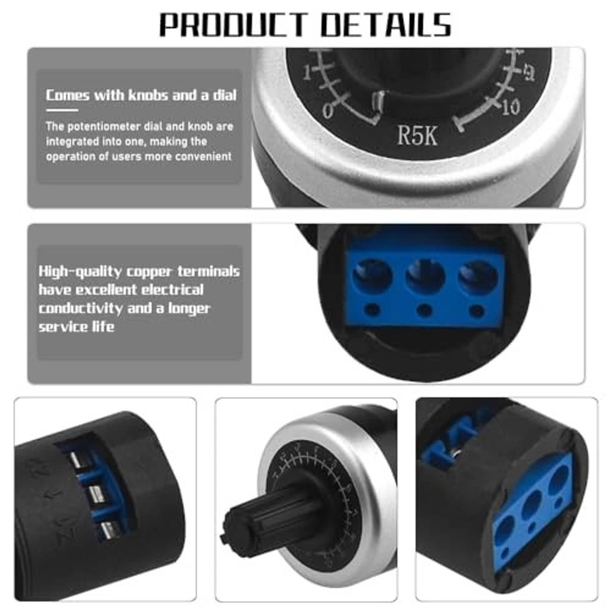 Rotary speed potentiometer details with front dial, knobs, and blue terminal block