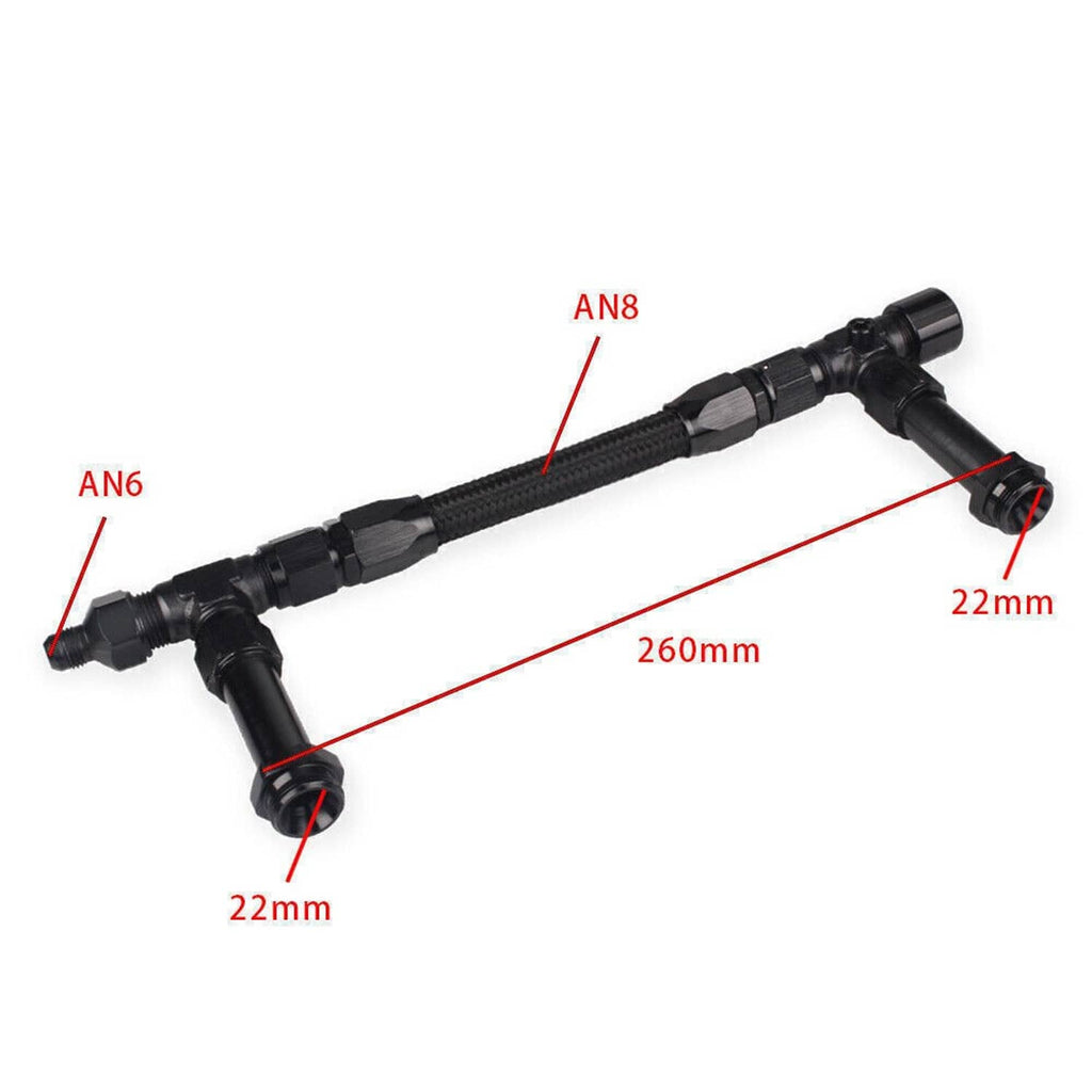 Braided fuel line kit labeled AN8 with black AN6 and AN8 end fittings