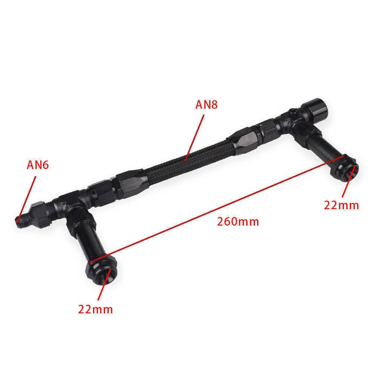 Braided fuel line kit labeled AN8 with black AN6 and AN8 end fittings