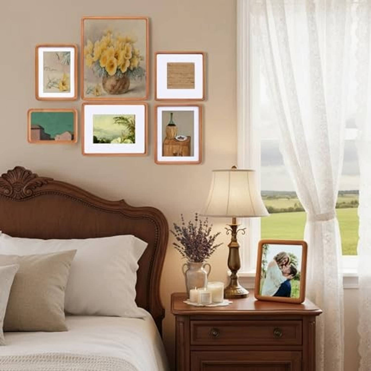 Wall display of multiple 5x7 teak picture frames in different sizes