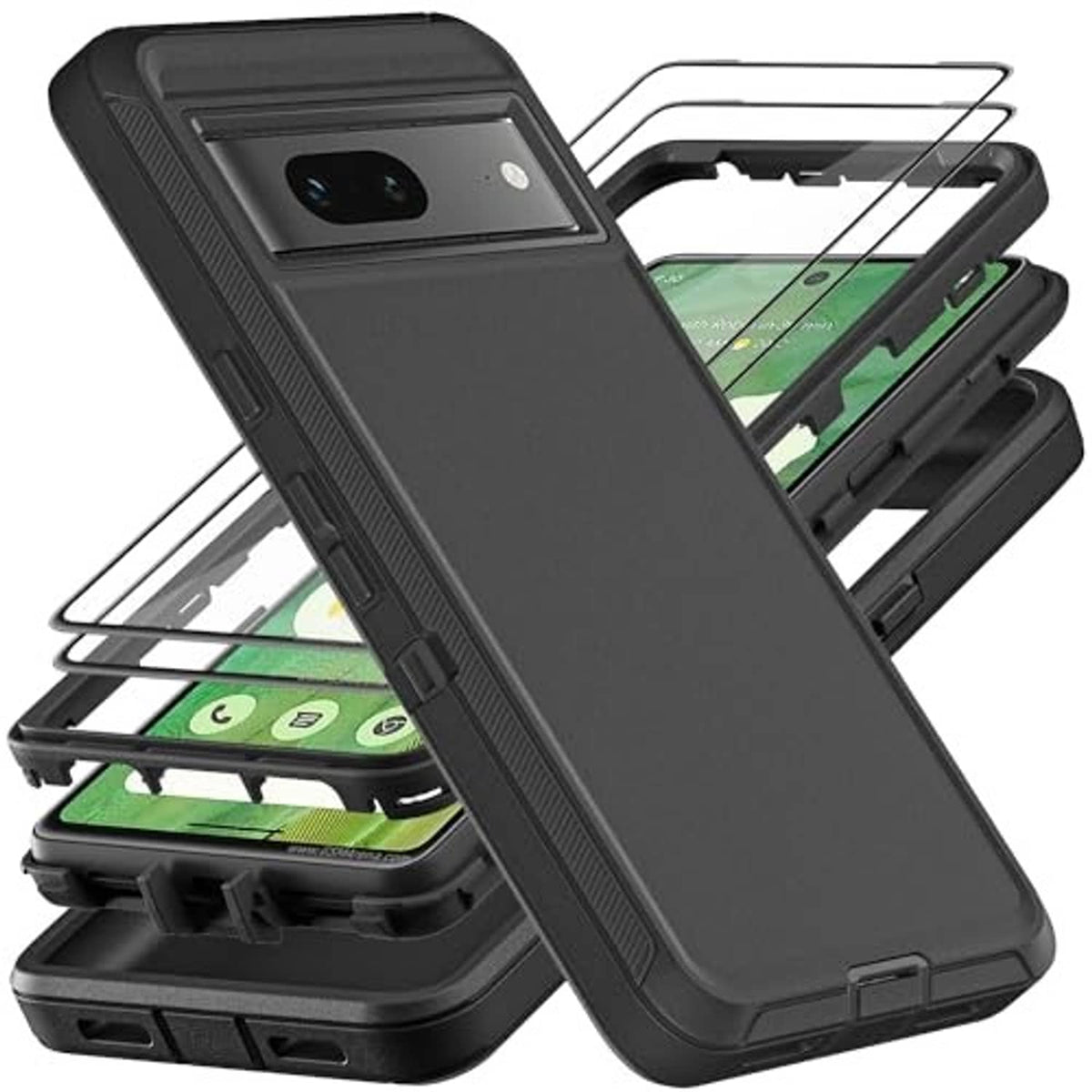 Black rugged phone case with raised edges and camera cutout, front and side angle view