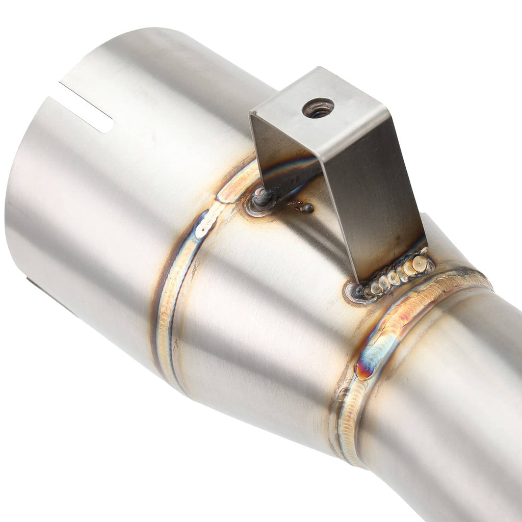 Stainless exhaust pipe slip joint with bracket flange and copper-colored weld