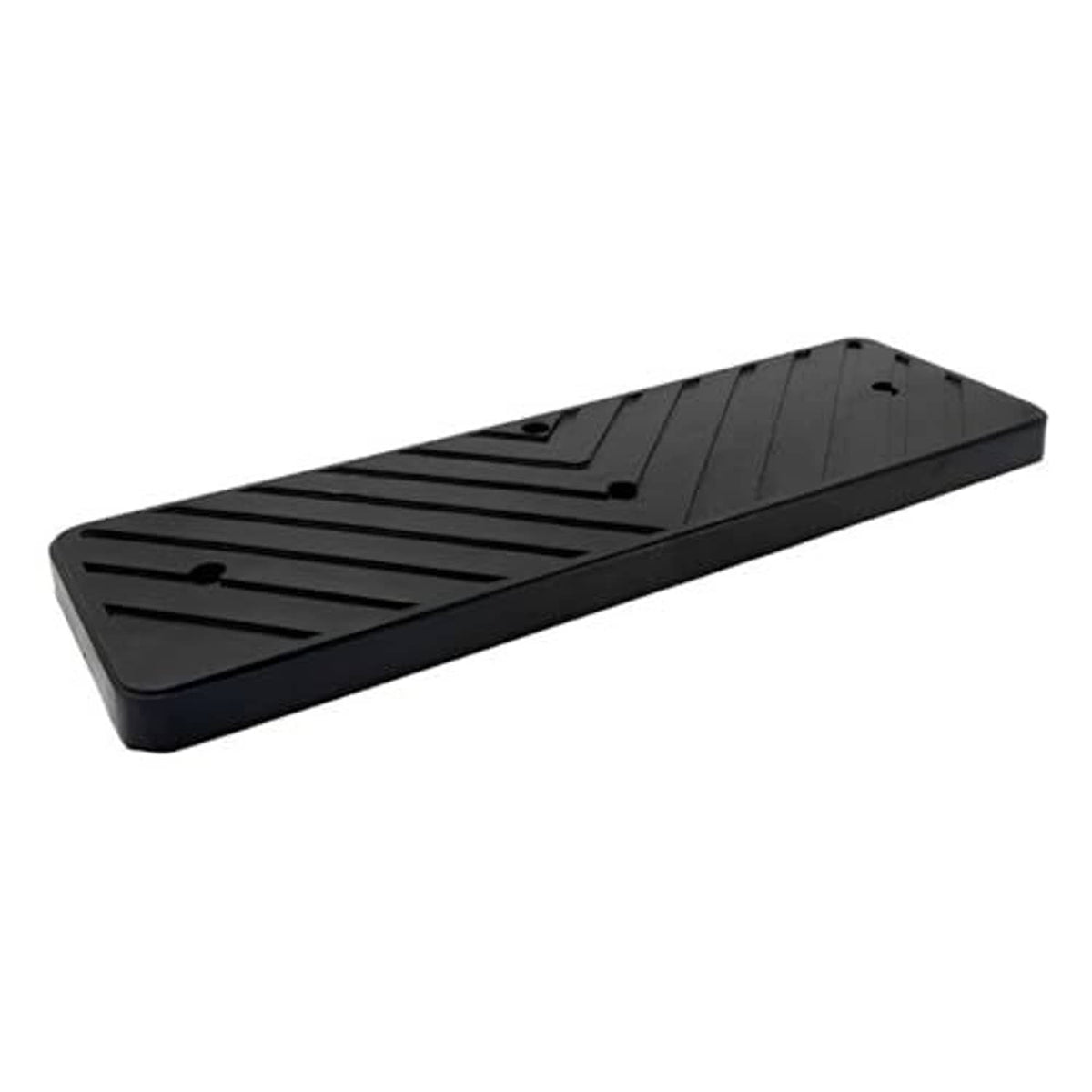 Black rubber tire changer pad, long wedge shape with tread grooves and holes
