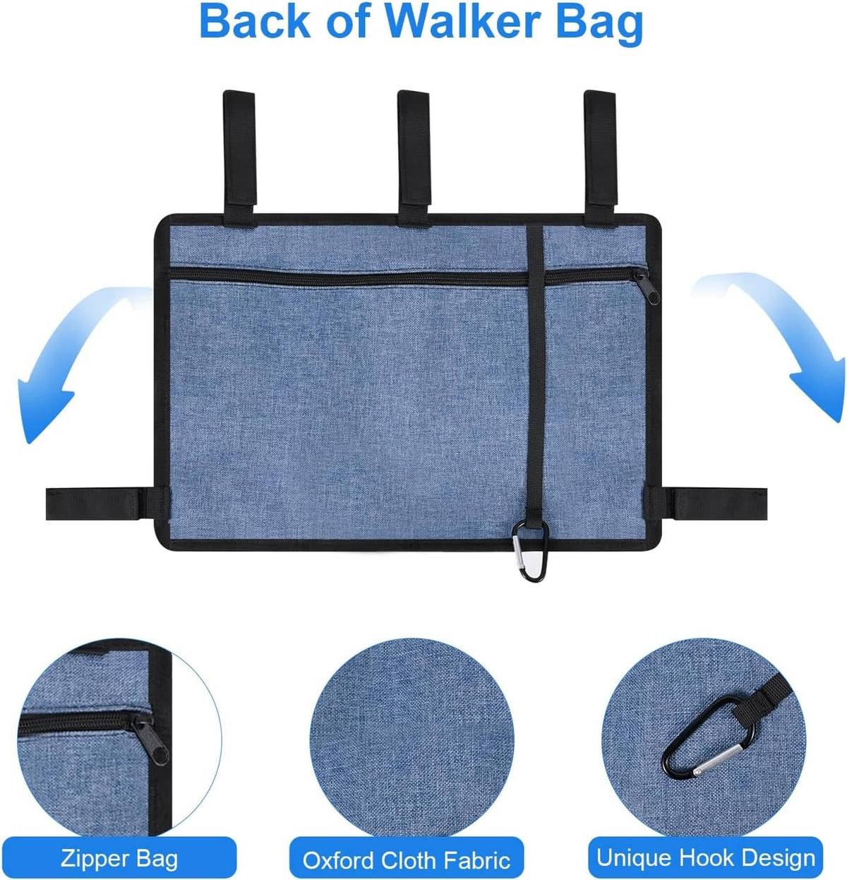 Blue denim zippered back walker bag with side hanging straps and hook design