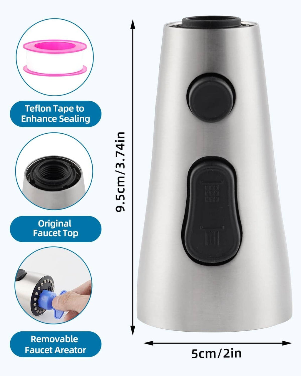 Brushed nickel faucet head with removable aerator and two black control buttons