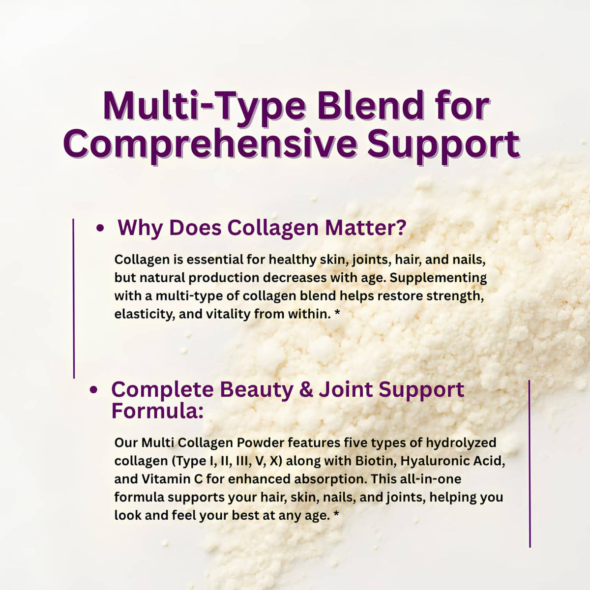 Multi-type blend support infographic with collage-type benefits and pouch pictured