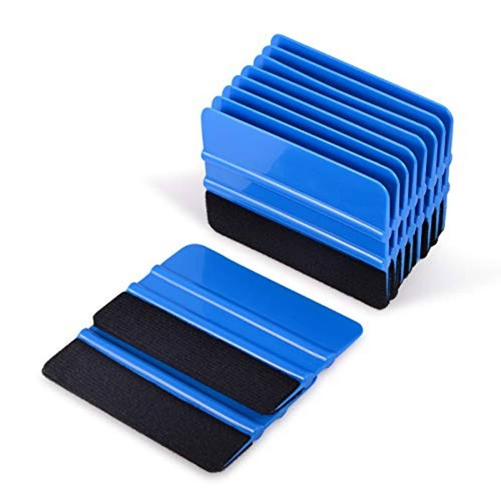 Blue vinyl squeegee set with stacked 4 in plastic scrapers and black felt edges