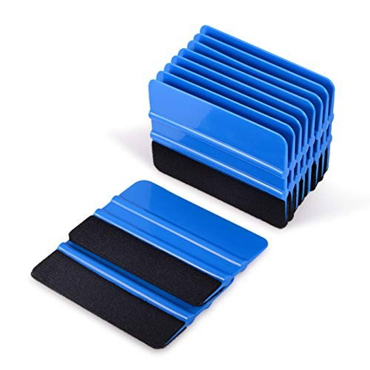 Blue vinyl squeegee set with stacked 4 in plastic scrapers and black felt edges