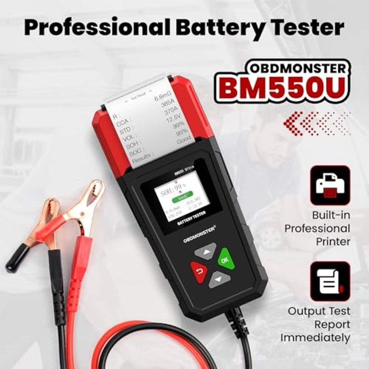 Portable handheld car battery tester with red top and LCD display