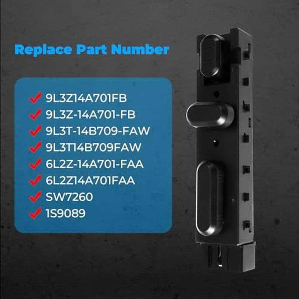 Black power seat control switch module with rectangular connector housing and rocker switches