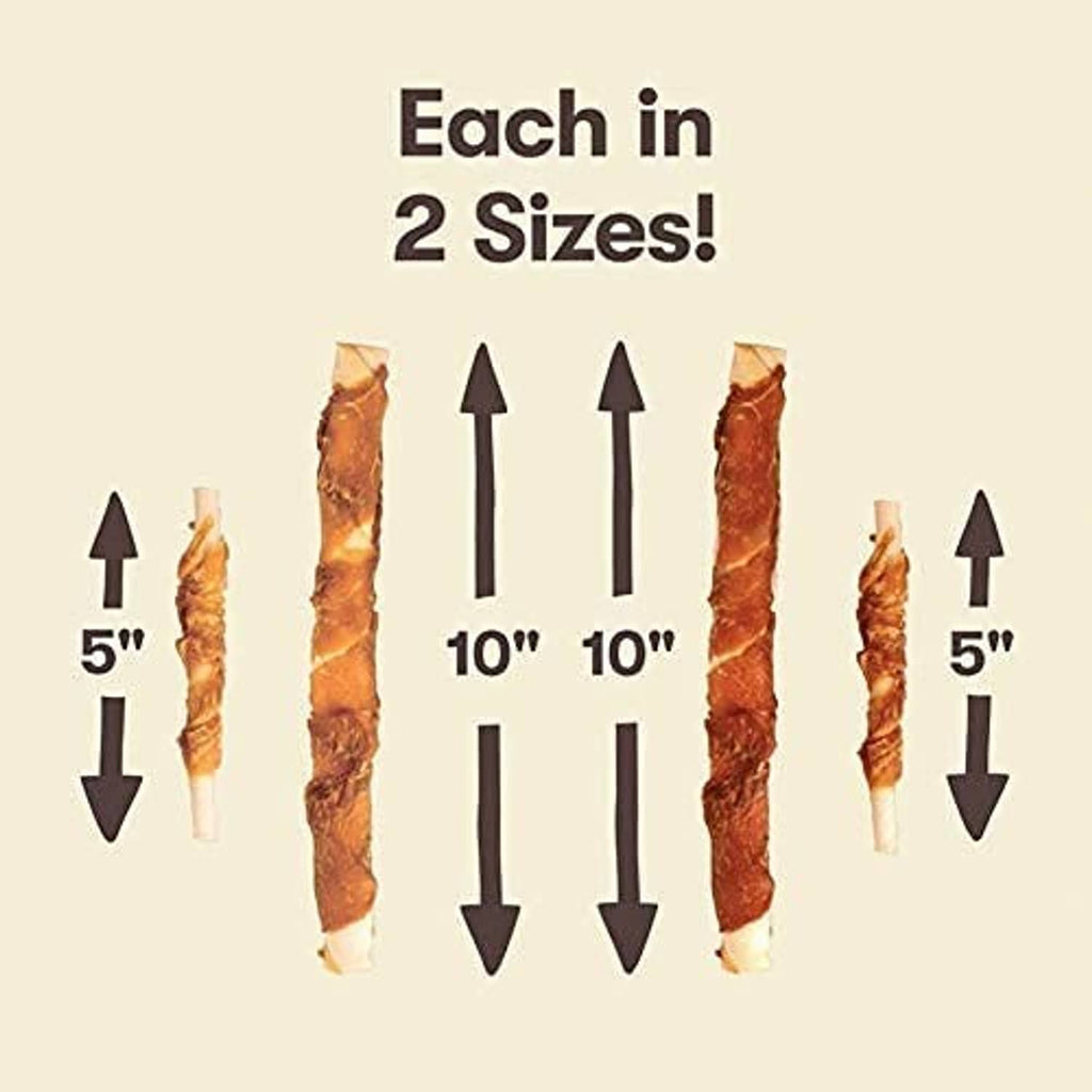 Dog treat size graphic with 5 in and 10 in measurements for chicken twists.