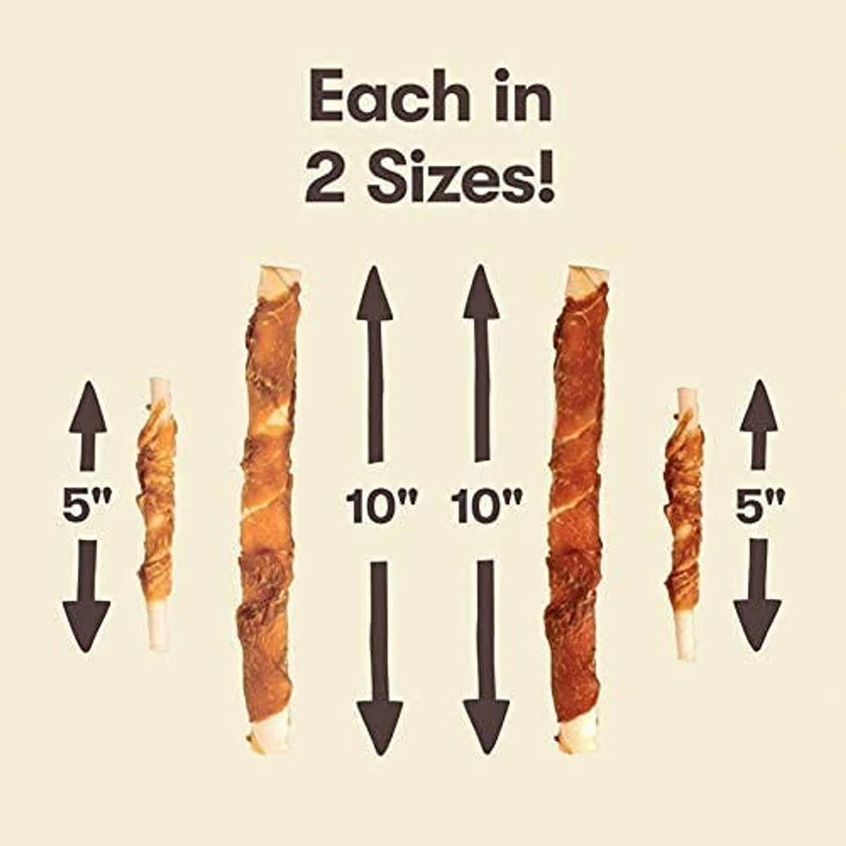 Dog treat size graphic with 5 in and 10 in measurements for chicken twists.