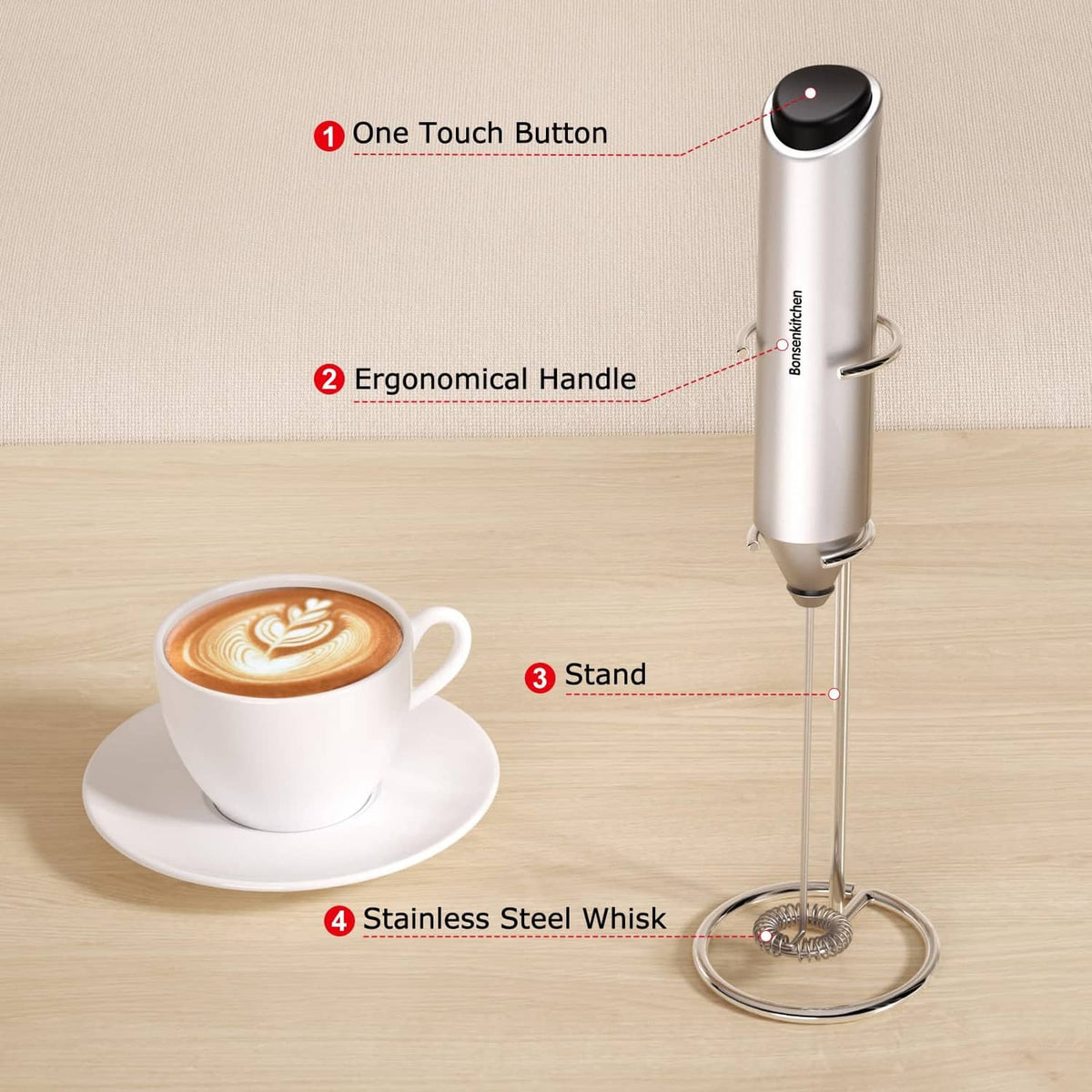 Silver milk frother on stand with long whisk wand