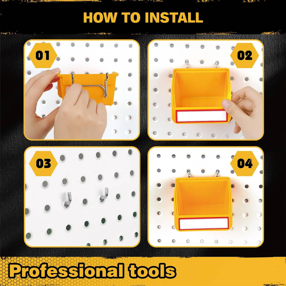 Orange pegboard storage bin mounted on perforated pegboard with metal hook