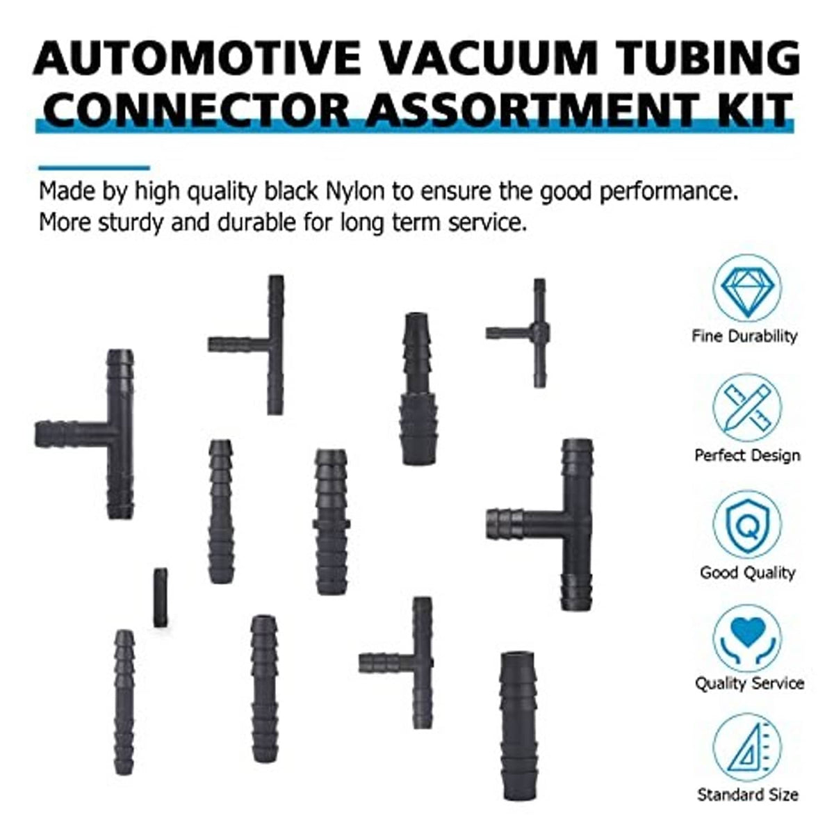 Black nylon vacuum tubing connector assortment kit, multi-size barbed fittings