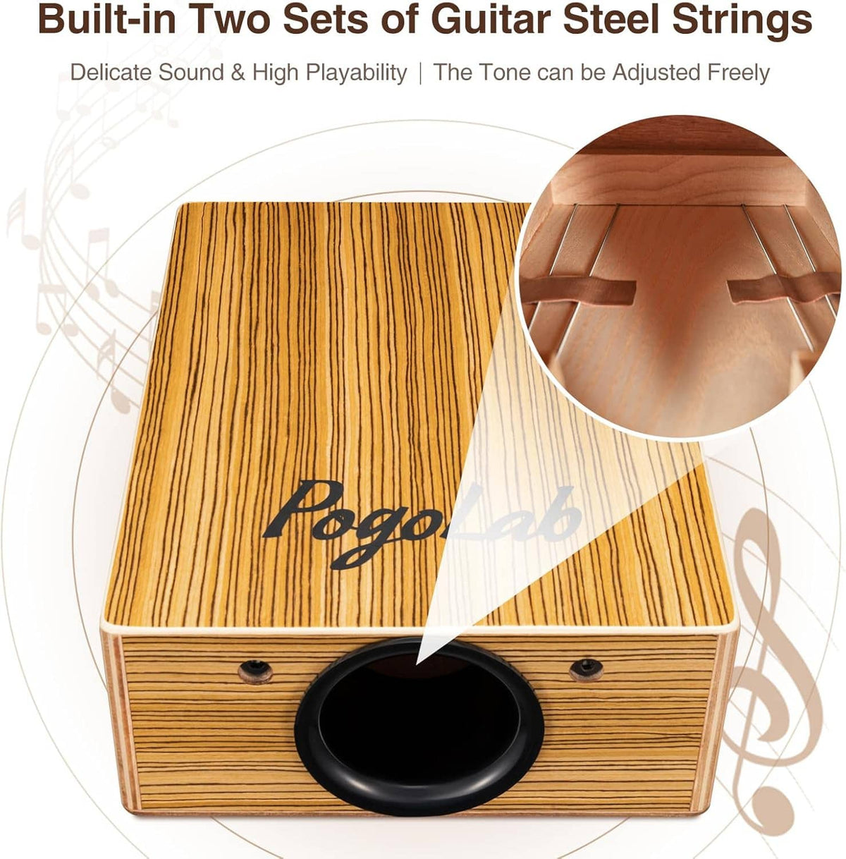 Wooden cajon drum with front circular sound hole and PogoLab logo