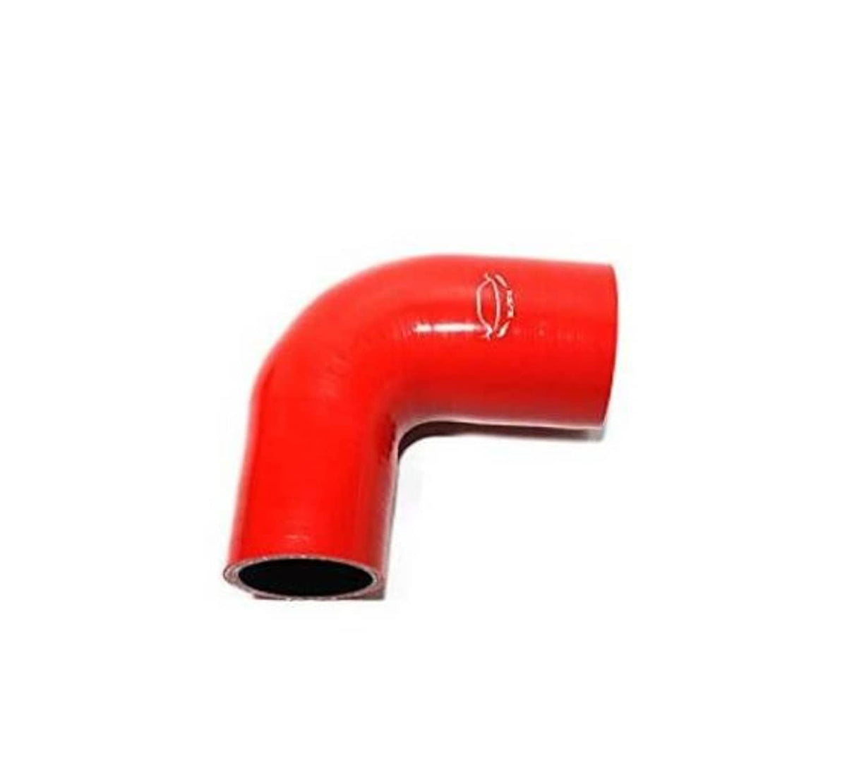 Red 90-degree silicone hose elbow with black inner ends, reinforced 4-ply.