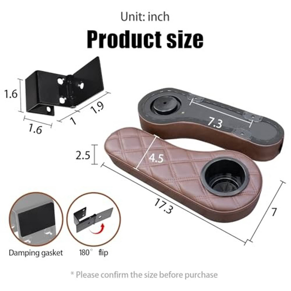 Brown quilted seat cover with built-in cup openings; product size diagram