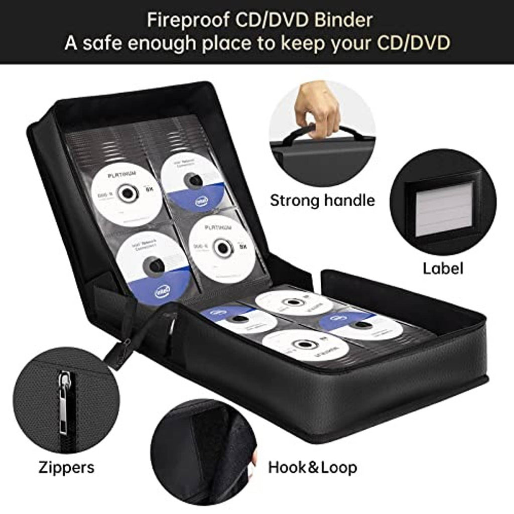 Fold-open CD/DVD binder case with carry handle, zippers, and label window