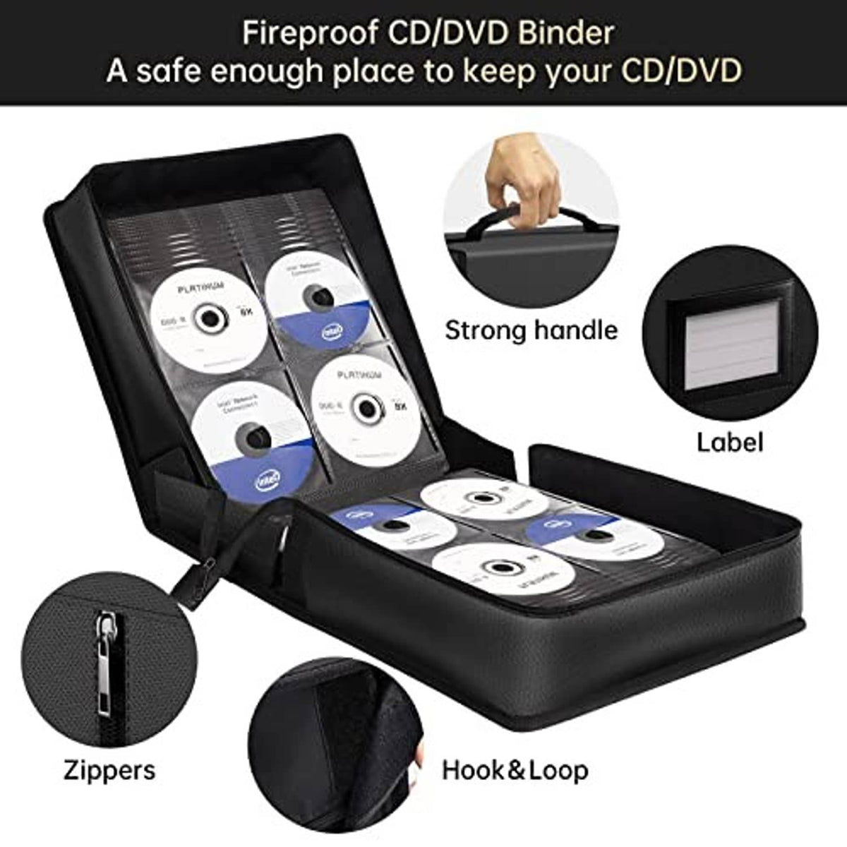 Fold-open CD/DVD binder case with carry handle, zippers, and label window