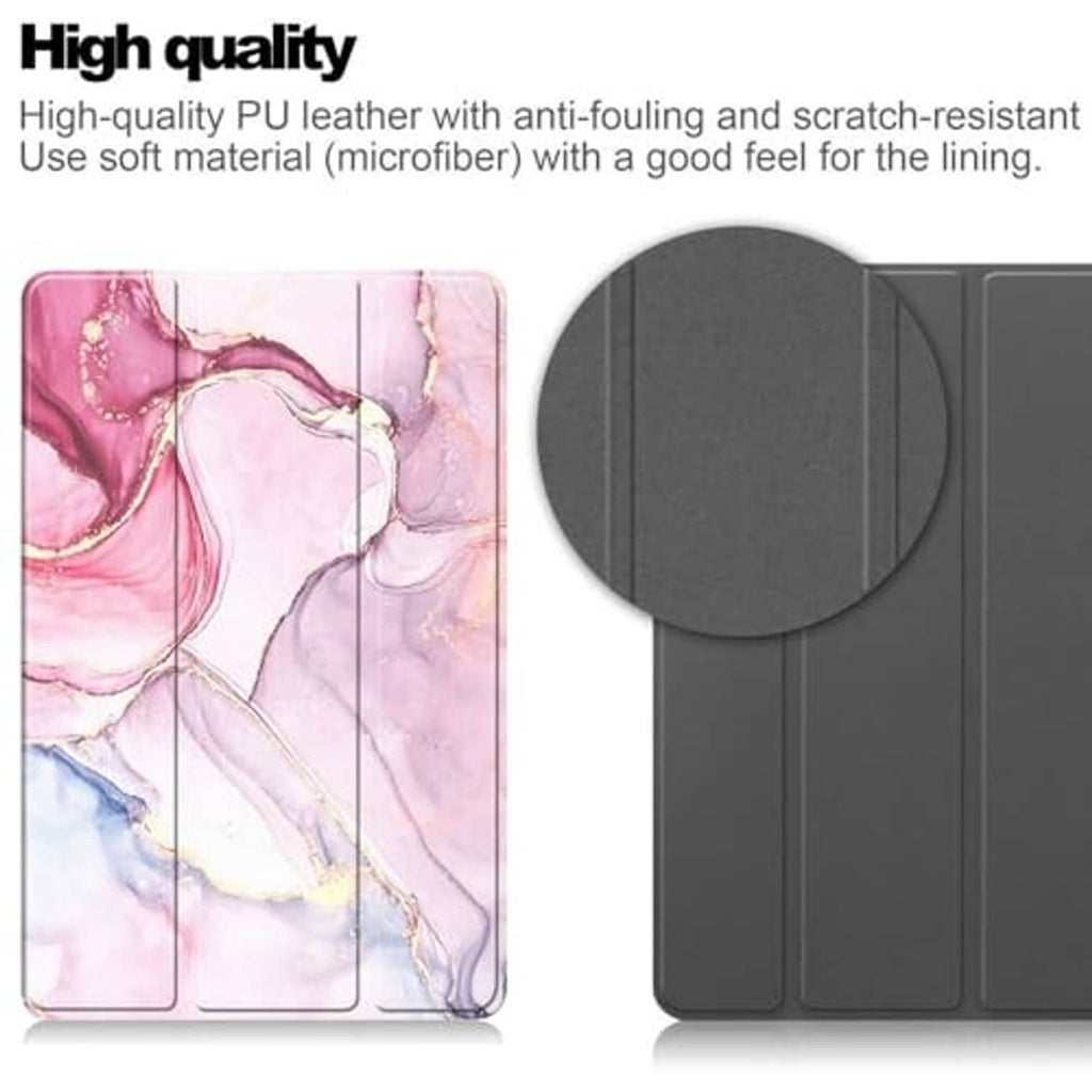 Pink marble and dark gray tablet case with textured front panels and protective cover