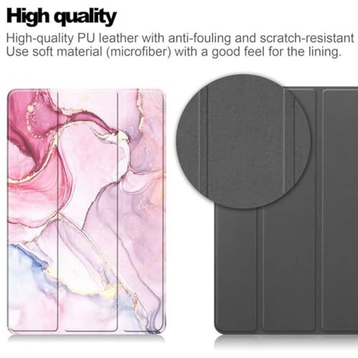 Pink marble and dark gray tablet case with textured front panels and protective cover