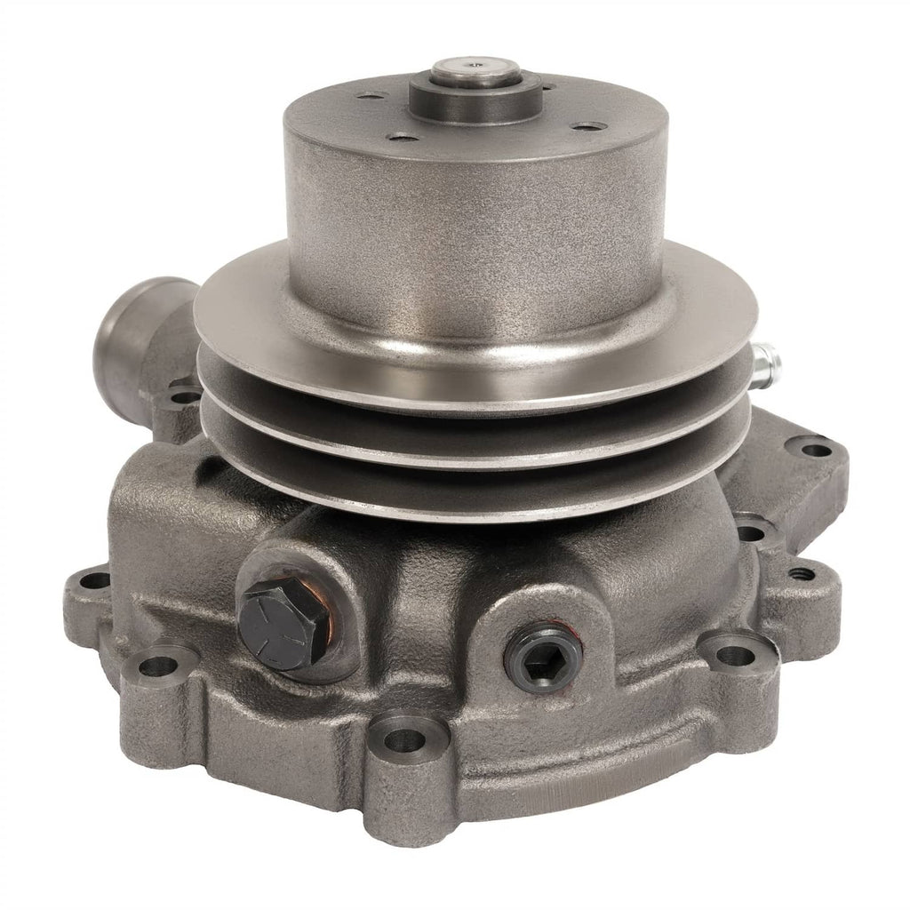 Steel water pump with pulley belt groove and front fittings, metallic gray finish.