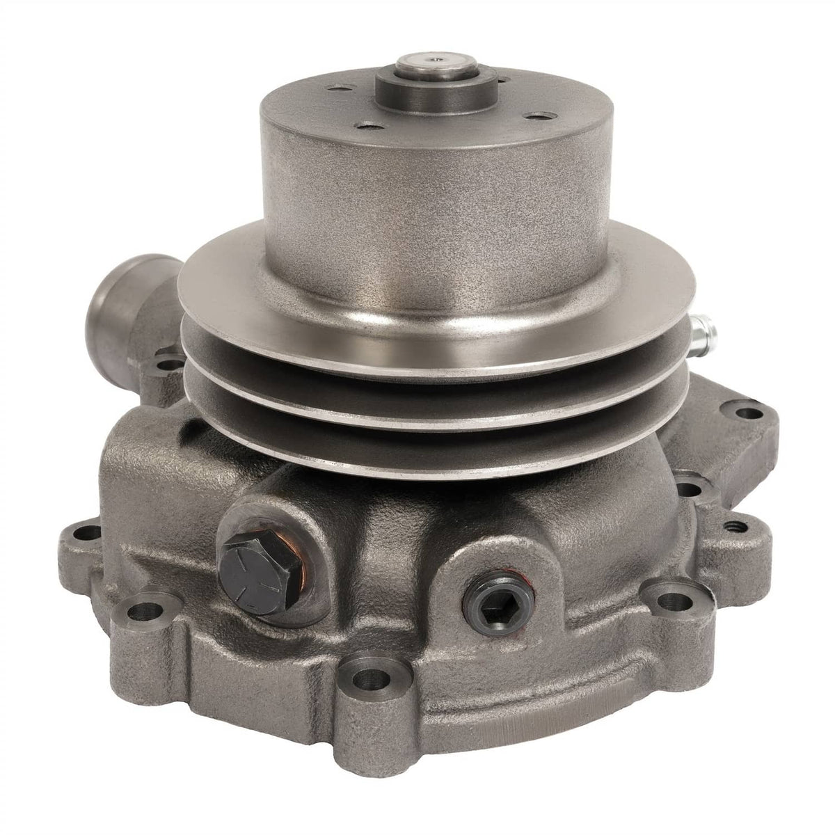 Steel water pump with pulley belt groove and front fittings, metallic gray finish.