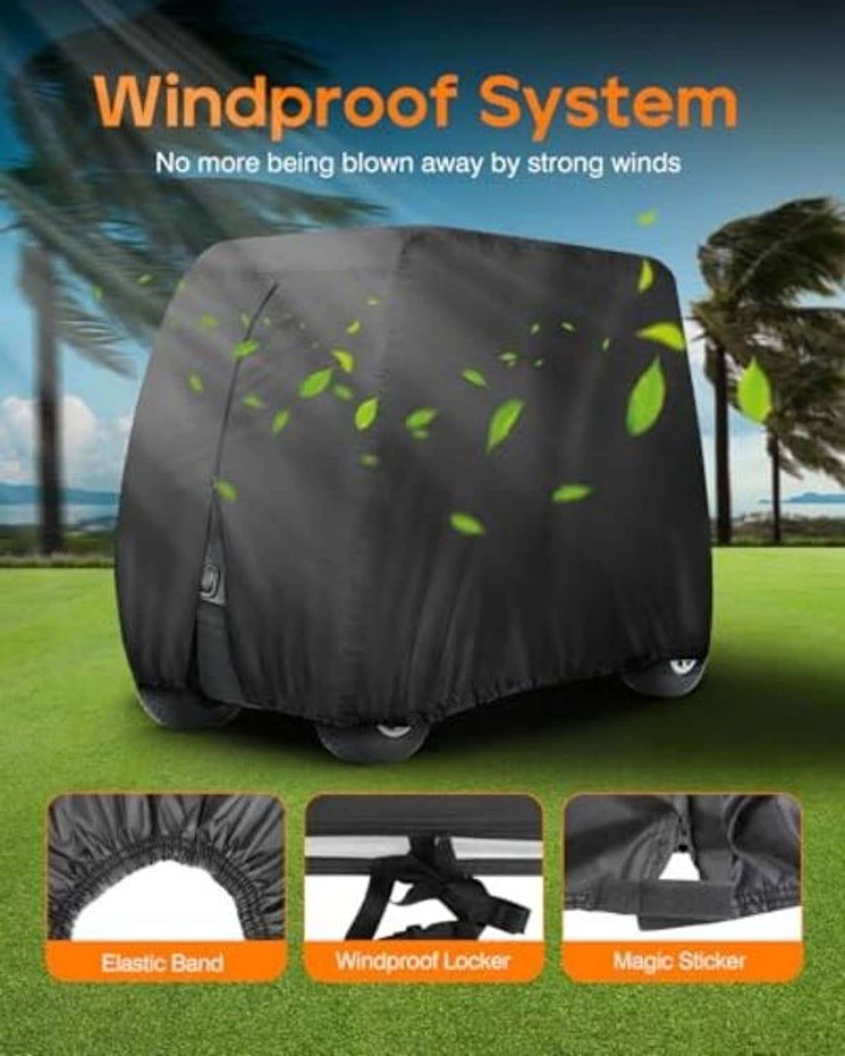 Windproof golf cart cover with elastic band, windproof locker, and closure sticker