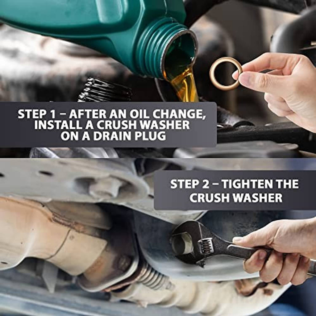 Copper drain plug crush washer held by hand near drain plug opening