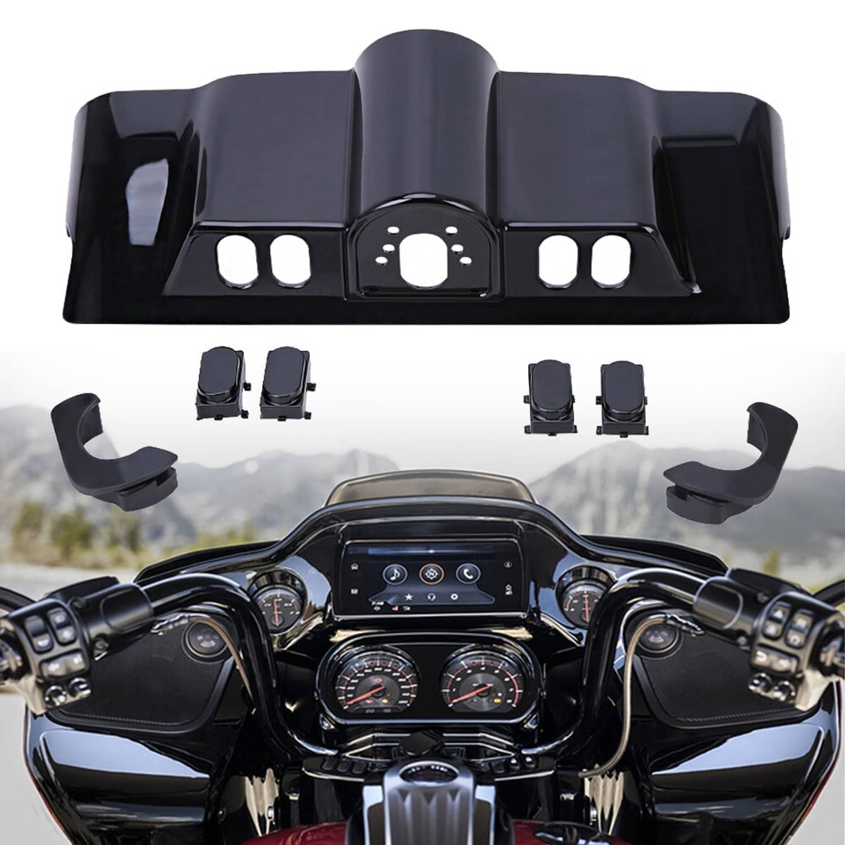 Black inner fairing switch cap panel with four side slots and central mounting pocket