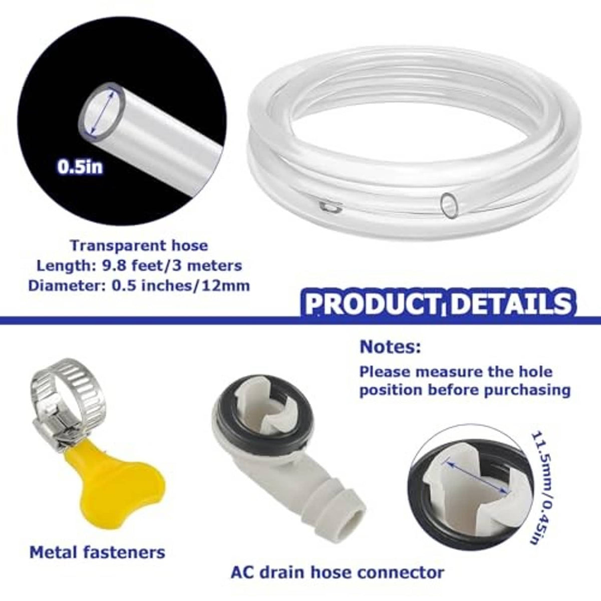 Transparent drain hose with AC drain hose connector and metal fasteners, close-up