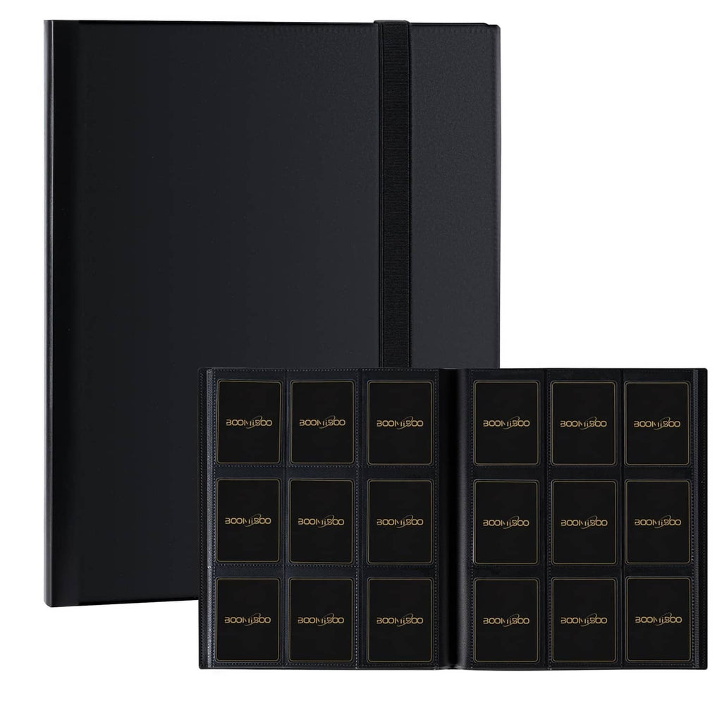 Black card binder with 360 trading card sleeves, front view
