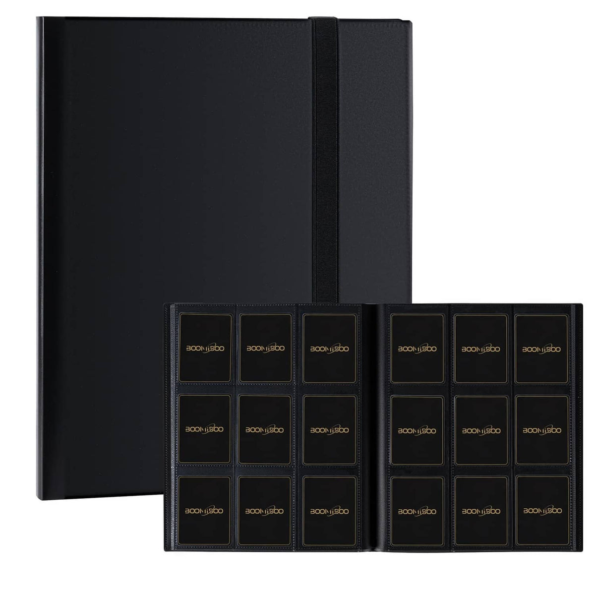 Black card binder with 360 trading card sleeves, front view