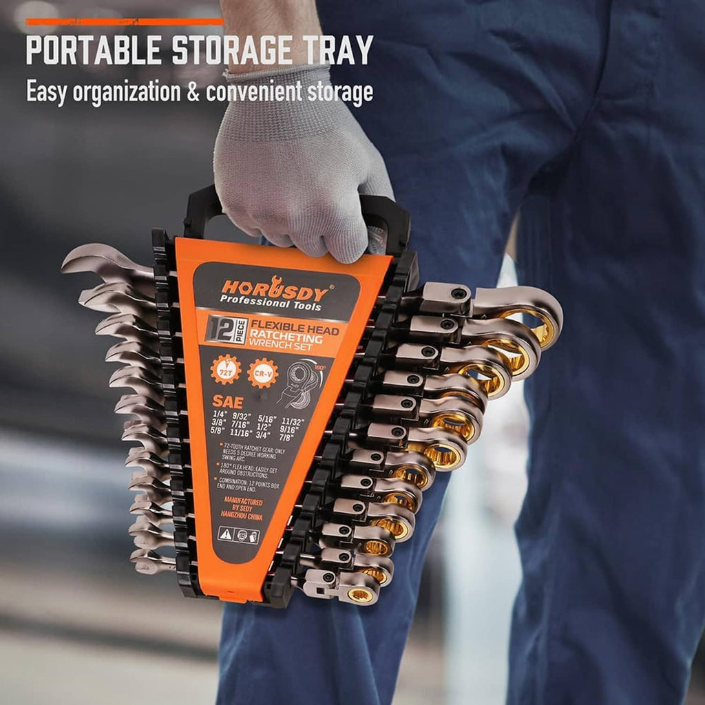 SAE flexible-head ratcheting wrench set in orange organizer frame with multiple silver wrenches