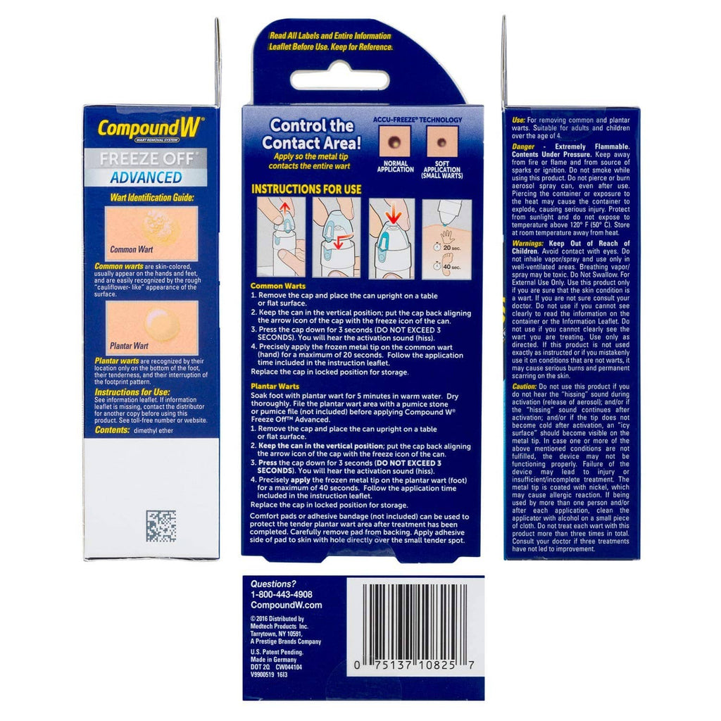 Compound W freeze off advanced box back panel with product information and barcode