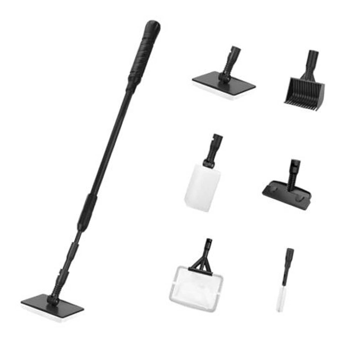 Fish tank cleaning tool set with long handle and flat sponge, plus scraper and net tools