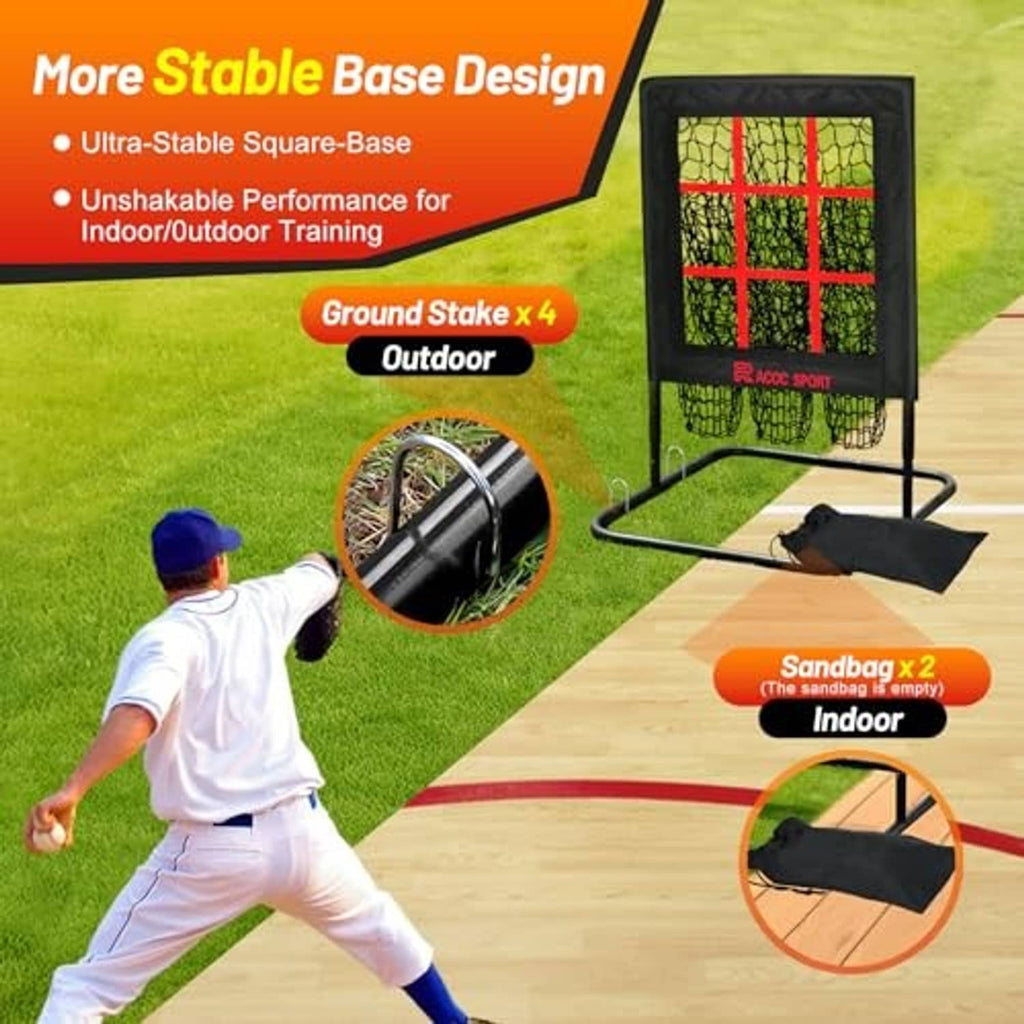 Stable pitching net with black frame, red target grid, and weighted base for practice.